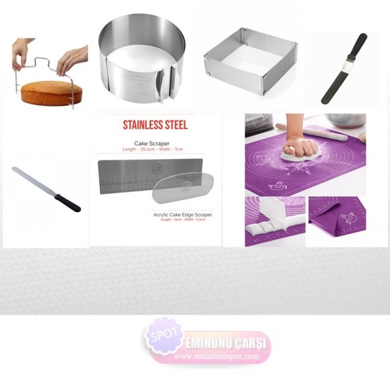Eminönüspot Pasta Yapım Seti Ayarlı Yuvarlak Kalıp + Ayarlı Kare +Kesme Teli + Eğik Palet +Düz Palet+ Cetvel +Silpat Kalıp Set :30